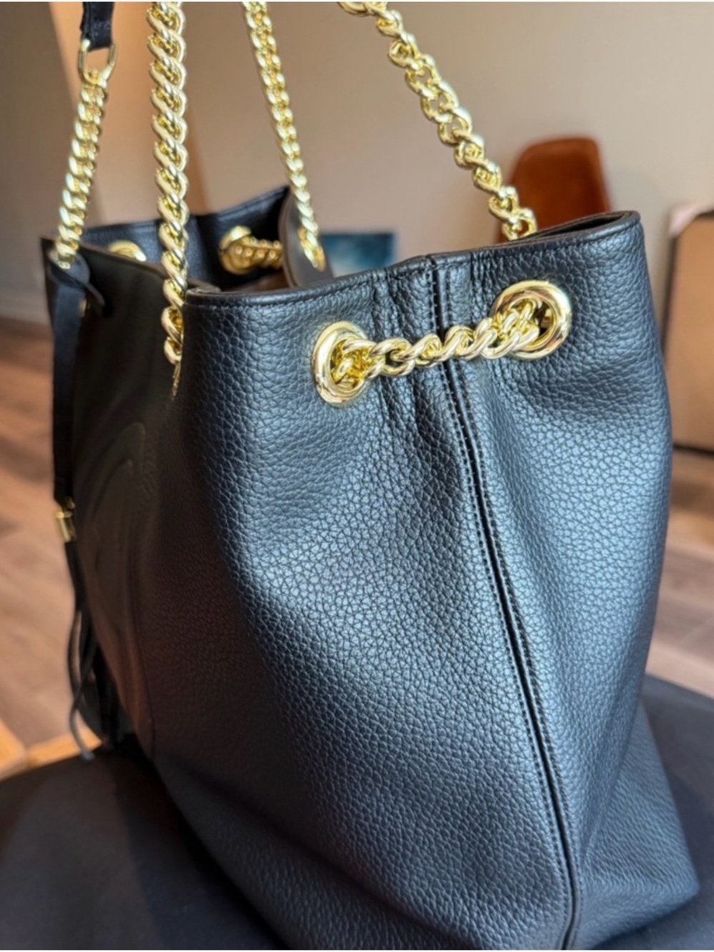 Black Leather Chain-Handle Women’s Tote - Gold Hardware